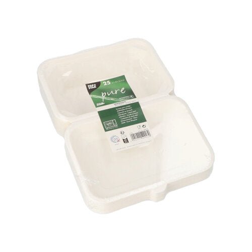 Balíček s 25 bielymi PAPSTAR menu boxmi z cukrovej trstiny „pure“ od PAPSTAR GmbH, udržateľné a ekologické, so zeleno-bielou etiketou, mierne otvorené pre jedlo so sebou a catering zobrazené.