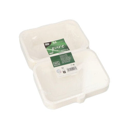Balíček s 25 bielymi PAPSTAR menu boxmi z cukrovej trstiny „pure“ od PAPSTAR GmbH, udržateľné a ekologické, so zeleno-bielou etiketou, mierne otvorené pre jedlo so sebou a catering zobrazené.