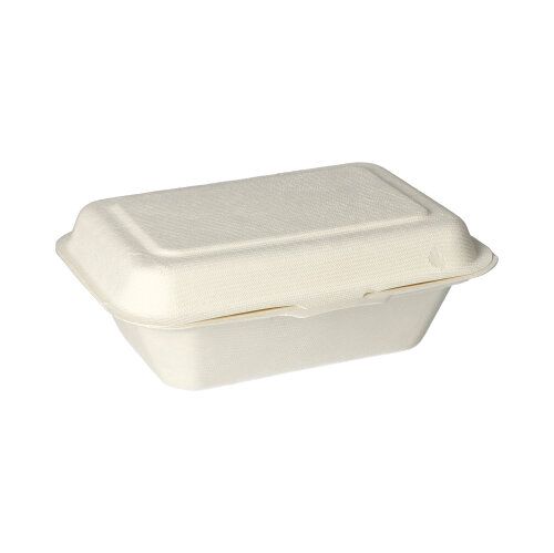 25 menu boxov, cukrová trstina „pure“ biele od PAPSTAR GmbH sú uzavreté, obdĺžnikové, biele nádoby na jedlo z udržateľnej cukrovej trstiny; sú biologicky odbúrateľné a kompostovateľné a sú zobrazené na jednoduchom bielom pozadí.