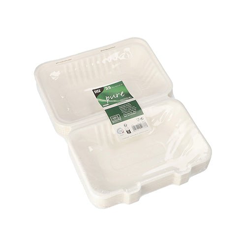 Stoh bielych PAPSTAR 25 menu boxov „pure“ z udržateľnej cukrovej trstiny od PAPSTAR GmbH, s vrúbkovanými stranami a priehľadnou fóliou, so zelenou etiketou – ideálne pre ekologický catering na odnosenie.