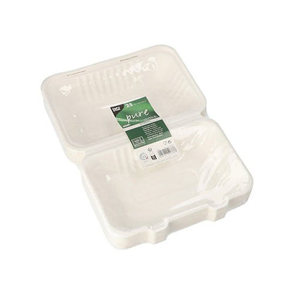 Stoh bielych PAPSTAR 25 menu boxov „pure“ z udržateľnej cukrovej trstiny od PAPSTAR GmbH, s vrúbkovanými stranami a priehľadnou fóliou, so zelenou etiketou – ideálne pre ekologický catering na odnosenie.