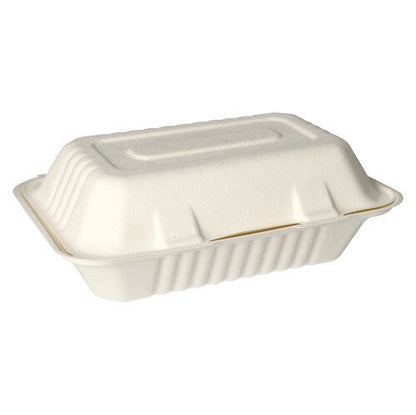 PAPSTAR 25 menu boxov, cukrová trstina "pure" biele od PAPSTAR GmbH sú obdĺžnikové, biele, biologicky odbúrateľné nádoby na jedlo so sebou s klapkovým vekom – ideálne pre gastronómiu a jedlo so sebou. Zobrazené na jednoduchom, bielom pozadí.
