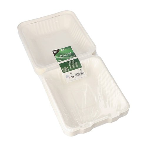Stoh PAPSTAR 25 menu boxov z bielej, udržateľnej cukrovej trstiny s vrúbkovanými stranami, čiastočne fóliované a so zelenou etiketou – od PAPSTAR GmbH, ideálne pre catering na odnosenie.