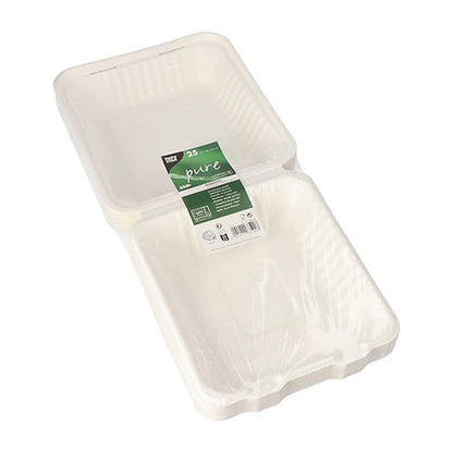 Stoh PAPSTAR 25 menu boxov z bielej, udržateľnej cukrovej trstiny s vrúbkovanými stranami, čiastočne fóliované a so zelenou etiketou – od PAPSTAR GmbH, ideálne pre catering na odnosenie.