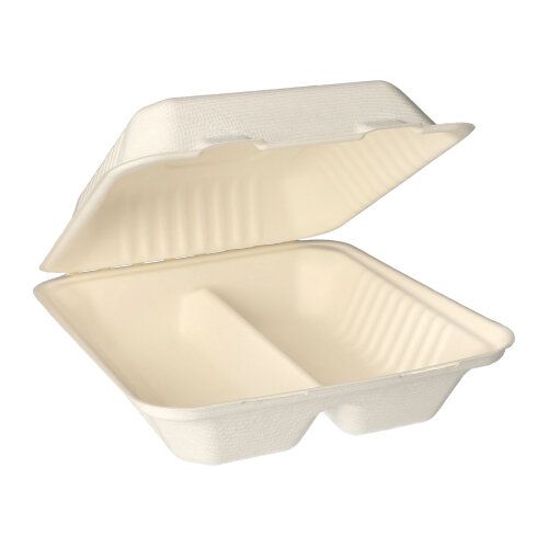 PAPSTAR 25 menu boxov, cukrová trstina „pure“ biela od PAPSTAR GmbH sú otvorené, biele, obdĺžnikové nádoby na jedlo so sebou s dvoma priehradkami z udržateľnej cukrovej trstiny, perfektné pre stravovanie mimo domova, zobrazené na jednoduchom bielom pozadí.