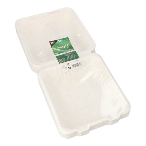 Stoh bielych PAPSTAR 25 menu boxov z cukrovej trstiny „pure“, štvorcové s klapkovým vekom, kompostovateľné a udržateľné, ideálne pre catering na odber. Zabalené vo fólii so zeleno-bielym štítkom značky PAPSTAR GmbH.