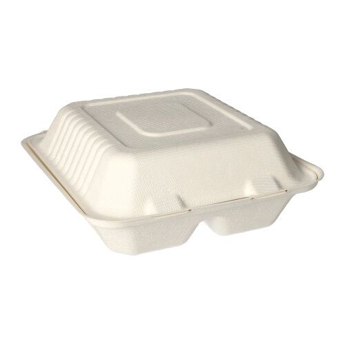 Uzavretá, obdĺžniková PAPSTAR menu box z udržateľnej cukrovej trstiny „pure“ v bielej farbe od PAPSTAR GmbH s textúrovaným povrchom je fotografovaná na bielom pozadí.