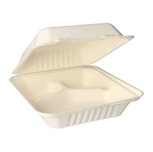 PAPSTAR 25 menu boxov z udržateľnej cukrovej trstiny „pure“ v bielej od PAPSTAR GmbH s rozdelenými priehradkami a klapkovým vekom sú zobrazené ako ekologické nádoby na jedlo so sebou na bielom pozadí.