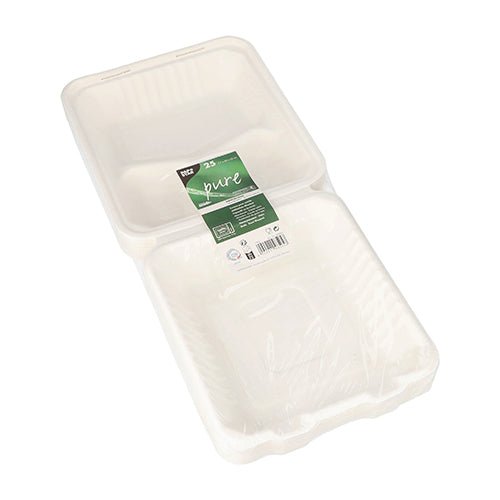 Otvorená PAPSTAR GmbH 25 menu boxov z cukrovej trstiny „pure“ biela odhaľuje svoj prázdny, biely, obdĺžnikový vnútorný priestor, na vnútornej strane veka je viditeľný zeleno-biely produktový štítok a čiarový kód.