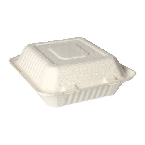 PAPSTAR 25 menu boxov, cukrová trstina "pure" biela od PAPSTAR GmbH sú uzavreté, štvorcové, biele, biologicky odbúrateľné menu boxy z udržateľnej cukrovej trstiny – ideálne pre ekologické cateringy a take-away. Zobrazené na jednoduchom, bielom pozadí.