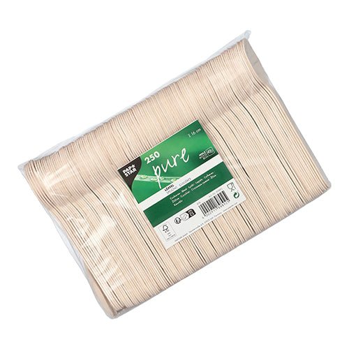 Priehľadný plastový sáčok od PAPSTAR GmbH obsahuje 250 "čistých" 16 cm veľkých ekologických a stabilných drevených lyžíc, úhľadne naskladaných so zeleno-bielou etiketou s údajmi o produkte a čiarovým kódom.