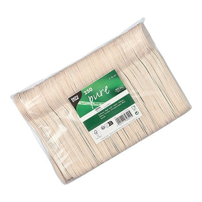 Priehľadný plastový sáčok od PAPSTAR GmbH obsahuje 250 "čistých" 16 cm veľkých ekologických a stabilných drevených lyžíc, úhľadne naskladaných so zeleno-bielou etiketou s údajmi o produkte a čiarovým kódom.