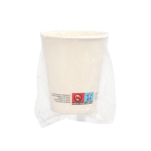 Súprava 25 bielych papierových pohárov Starpak (0,2 l, Ø 8 cm, 9,2 cm), každý jednotlivo zabalený v priehľadnom plaste s viditeľnými varovaniami – ekologická alternatíva k jednorazovým pohárom.