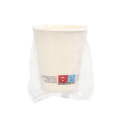 Súprava 25 bielych papierových pohárov Starpak (0,2 l, Ø 8 cm, 9,2 cm), každý jednotlivo zabalený v priehľadnom plaste s viditeľnými varovaniami – ekologická alternatíva k jednorazovým pohárom.
