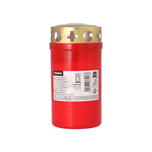 Hrobová sviečka Starpak so zlatým viečkom Ø 6,4 cm · 12,5 cm s obalom od Starpak stojí vzpriamene na jednoduchom bielom podklade so zlatým viečkom a produktovou etiketou. Ideálne na cintorín.