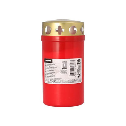 Hrobová sviečka Starpak so zlatým viečkom Ø 6,4 cm · 12,5 cm s obalom od Starpak stojí vzpriamene na jednoduchom bielom podklade so zlatým viečkom a produktovou etiketou. Ideálne na cintorín.