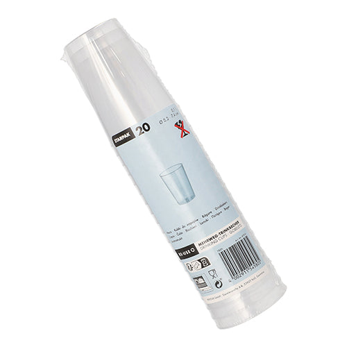 Balenie 20 Starpak opakovane použiteľných pohárov, PP, 0,1 l, Ø5,2 cm × 7,4 cm, priehľadné a nerozbitné, zabalené v plaste s etiketou s detailmi produktu, ilustráciou šálok, čiarovými kódmi a recyklačnými symbolmi.