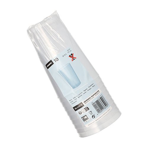 Starpak 10 opakovane použiteľný pohár na pitie PP priesvitný nerozbitný od Starpak je dodávaný v plastovom obale s produktovými etiketami, recyklačnými symbolmi a čiarovým kódom na vonkajšej strane.