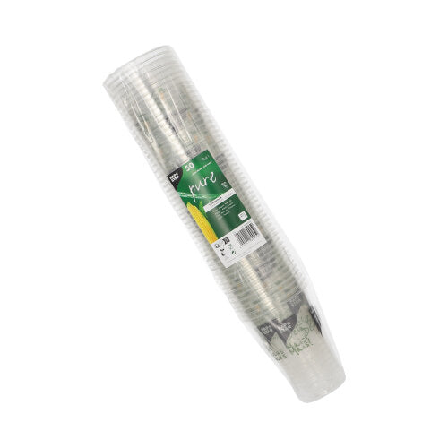 Stoh priehľadných PAPSTAR 50 PLA pohárov „Pohár z kukurice“ od PAPSTAR GmbH, zabalený v plaste so zelenou etiketou s nápisom „50 pohárov“, obrázkom kukurice a textom, ktorý zdôrazňuje tieto ekologické poháre.