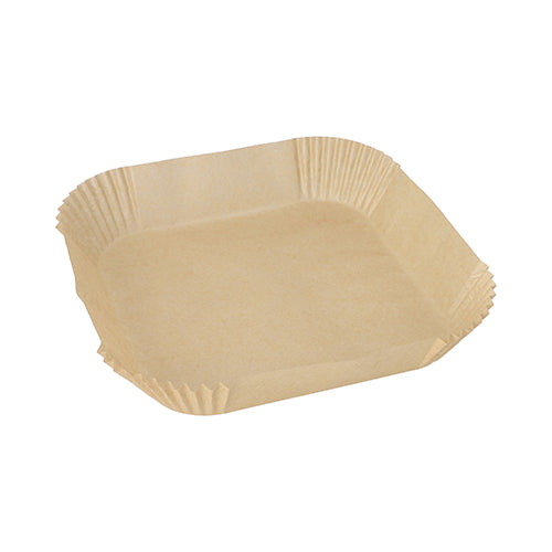 100 papierov na pečenie pre teplovzdušné fritézy hranaté od PAPSTAR GmbH sú nebielené, hnedé, štvorcové papiere na pečenie s plisovanými stranami a nepriľnavým povrchom, ideálne pre teplovzdušné fritézy. Zobrazené na bielom pozadí.