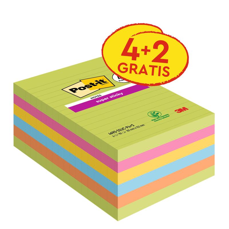 Balenie veľkoformátových Post-it® Super Sticky Notes, 101 x 152 mm, linajkové, v rôznych farbách. Obsahuje 4 bloky + 2 zdarma (90 listov/blok), lepiace poznámkové lístky, od 3M Deutschland GmbH, 100% PEFC certifikované.