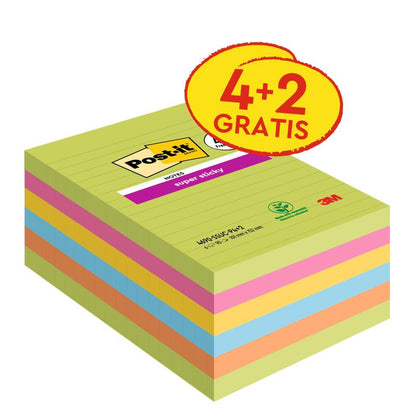 Balenie veľkoformátových Post-it® Super Sticky Notes, 101 x 152 mm, linajkové, v rôznych farbách. Obsahuje 4 bloky + 2 zdarma (90 listov/blok), lepiace poznámkové lístky, od 3M Deutschland GmbH, 100% PEFC certifikované.