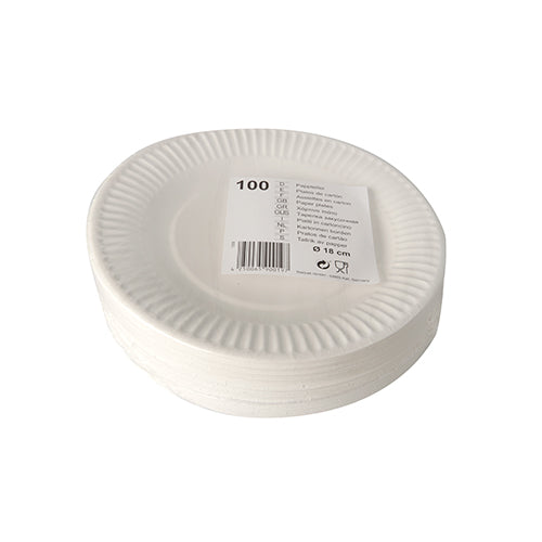 Stoh Starpak 100 tanierov, papier okrúhly, biely, s vrúbkovaným okrajom a čiarovým kódom, ktorý uvádza 100 tanierov s priemerom každého 23 cm.