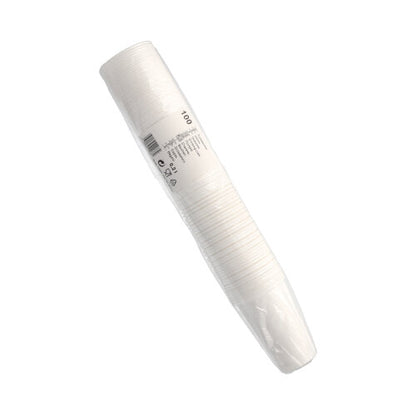 Balenie so 100 Starpak pohármi (0,2 l, Ø 7,03 cm, 9,9 cm, biele) z ľahkého PP, balené v priehľadnej fólii s čiarovým kódom a etiketou – perfektné na každodenné použitie.