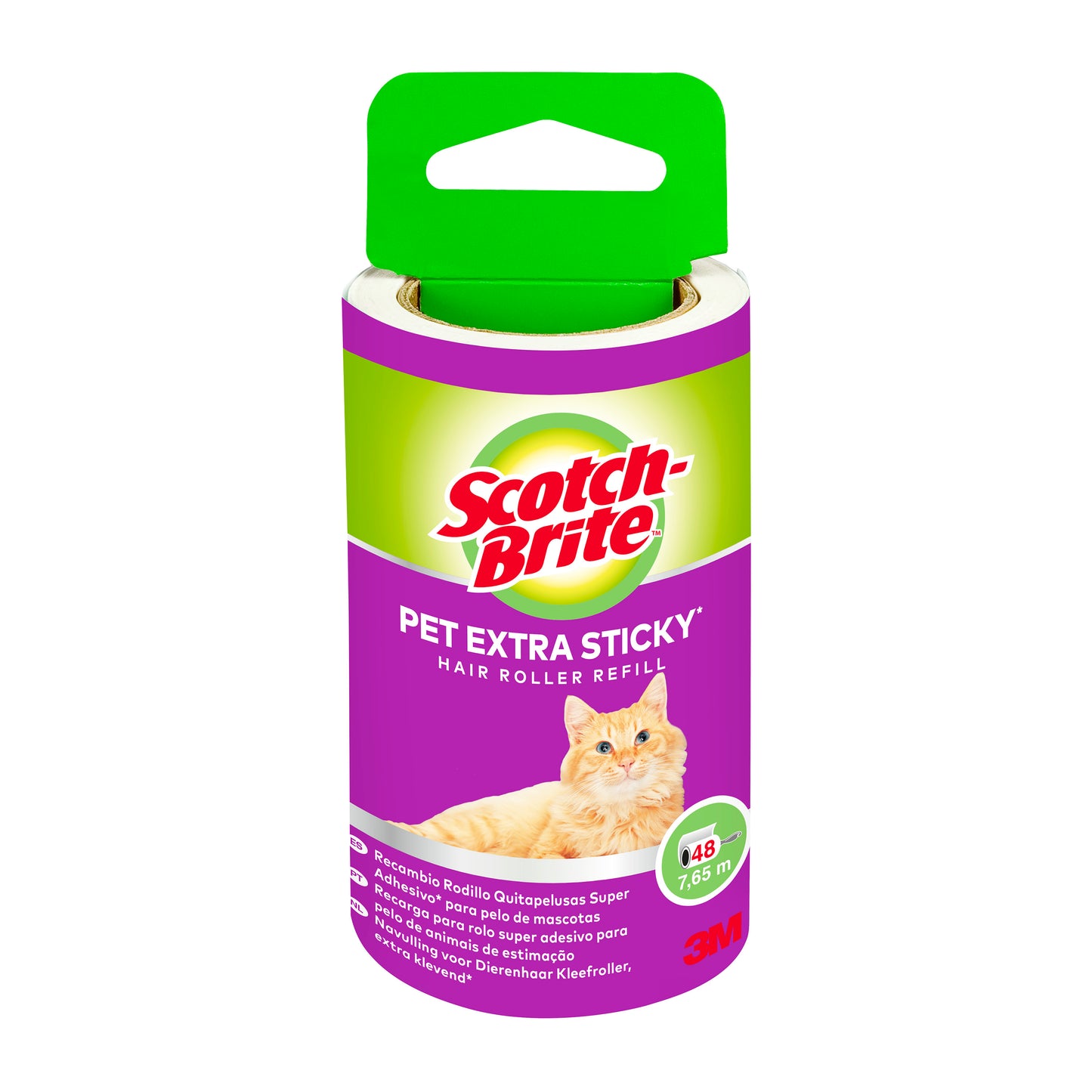 Náhradná rolka na zvieracie chlpy Scotch-Brite™ Pet Extra Sticky* s 48 listami (1 balenie) od 3M Deutschland GmbH odstraňuje zvieracie chlpy z oblečenia a nábytku. S oranžovou mačkou na fialovom a zelenom obale.