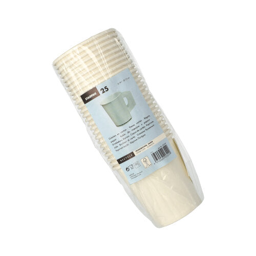 Stoh 25 bielych jednorazových papierových pohárov Starpak (každý 0,18 l, Ø 7,3 cm, 7,8 cm vysoký) s držadlami, zabalený v priehľadnej fólii, označený logom Starpak a detailmi o produkte.