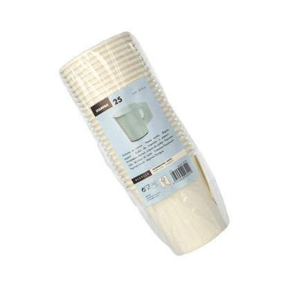 Stoh 25 bielych jednorazových papierových pohárov Starpak (každý 0,18 l, Ø 7,3 cm, 7,8 cm vysoký) s držadlami, zabalený v priehľadnej fólii, označený logom Starpak a detailmi o produkte.