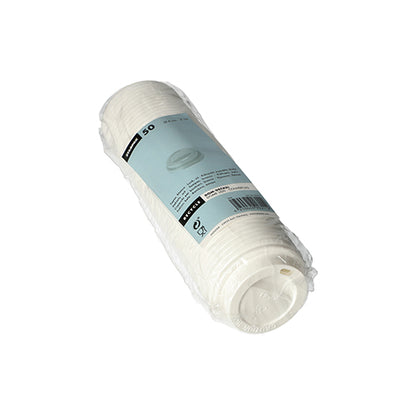 Zobrazené je plastové balenie s 50 bielymi Starpak 50 Dom-vrchnákmi PS „To Go“ (okrúhle, Ø6 cm, 2 cm) s modrou Starpak etiketou na bielom podklade – ideálne pre obaly na odber.