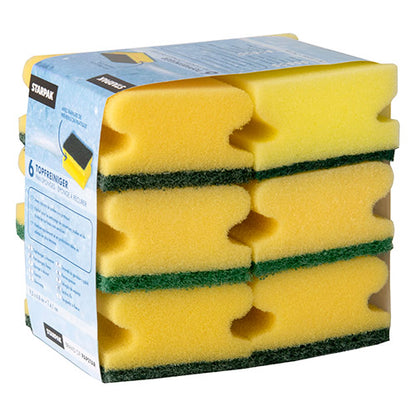 Balenie so 6 obdĺžnikovými čistiacimi špongiami Starpak (4,1x9,5x6,8 cm), žlto/zelené s drážkou na uchopenie pre lepšie držanie, naskladané a zabalené v páske. Ideálne na drhnutie, od značky Starpak.