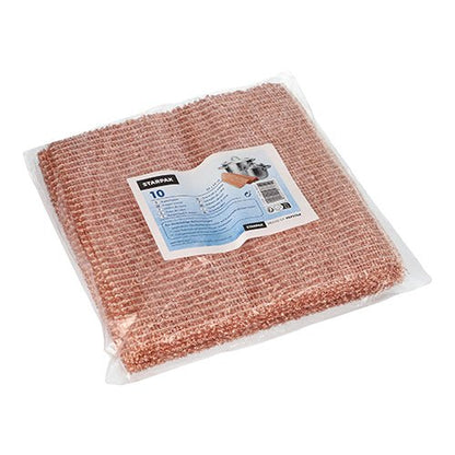 Balenie 10 Starpak medených utierok (25 x 25 cm) je dodávané v priehľadnom plastovom vrecku s modro-bielou etiketou s pokynmi na čistenie a informáciami o čistiacom prostriedku. Značka: Starpak.