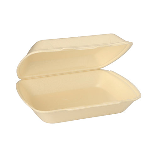 Jedna Starpak Menubox XPS na odnosenie (7,5 cm x 24,3 cm x 20,8 cm) zo sady "Starpak 100 Menuboxov s klapkovým vekom" je zobrazená otvorená a prázdna na bielom pozadí a ukazuje svoj béžový obdĺžnikový dizajn.