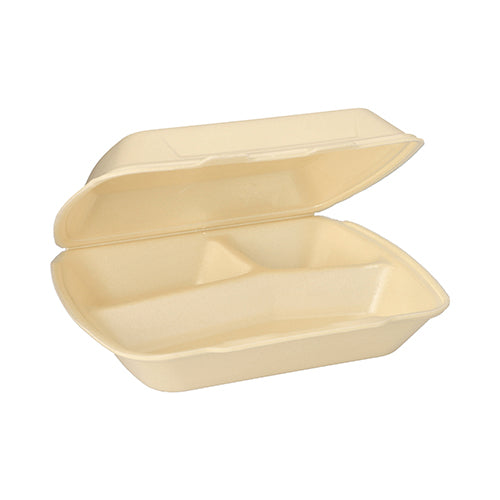 Béžová obdĺžniková Starpak menu krabica s klopovým vekom (XPS, 3-dielna, 7,5 x 24,3 x 20,8 cm) je otvorená a prázdna a ukazuje tri priehradky vo vnútri.