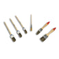 Abgebildet sind sechs Bürsten der Nölle Profi Brush Bürsten- & Pinseltechnik e.K.: Das 6-teilige Pinsel-Set enthält vier Ringpinsel (runde Köpfe) und zwei Flachpinsel (flache, abgewinkelte Borsten) in den Größen 02-1,5", alle mit Holzgriff.