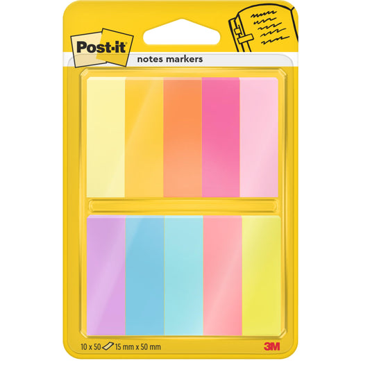 Eine Packung Post-it® Page Marker der 3M Deutschland GmbH enthält zehn Blöcke zu je 50 Blatt (15 mm x 50 mm) in verschiedenen Farben, präsentiert in einer durchsichtigen Hülle mit gelber Rückseite. Hergestellt aus 100% PEFC-zertifiziertem Papier (SGSCH-PEFC-COC-110078).