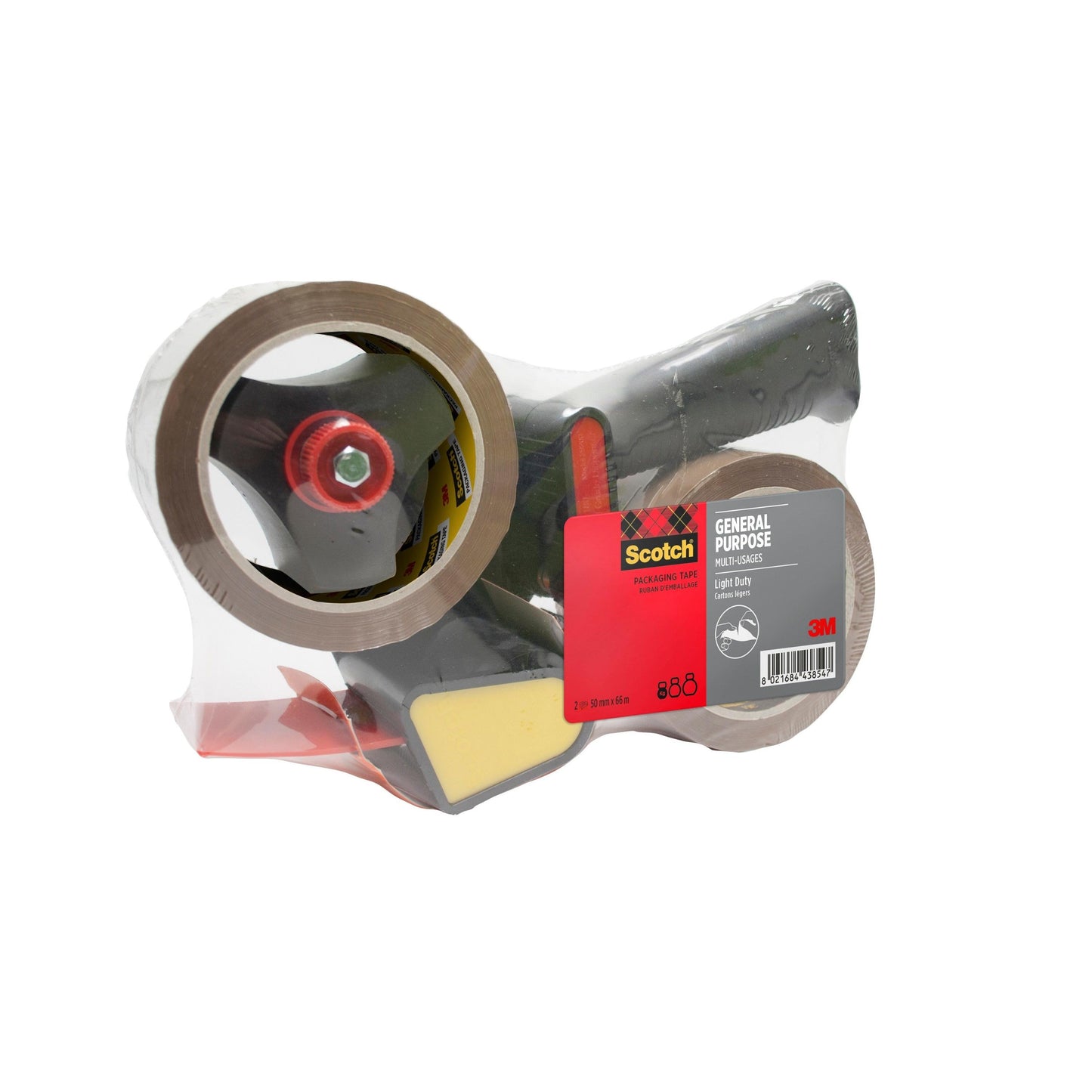 Držiak 3M s pištoľovou rukoväťou obsahuje čierno-červený dávkovač so sivou etiketou a dve rolky tichého, hnedého všestranného lepiaceho pásku Scotch® (50 mm x 66 m) a je originálne zabalený.