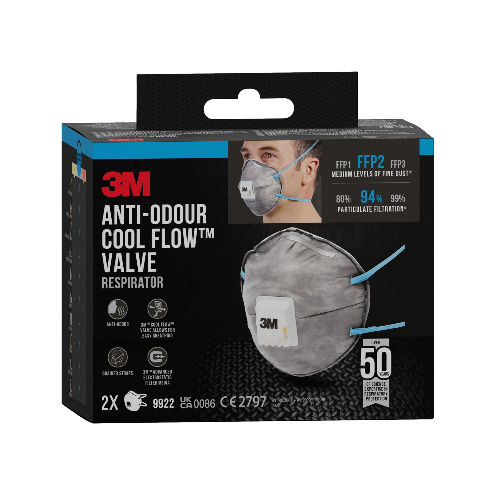 Abgebildet ist eine schwarze Schachtel der 3M™ Cool Flow™ Partikelmaske 9922 (FFP2, geruchshemmend, mit Ventil), 2er-Pack von 3M Deutschland GmbH, mit Produktabbildung und Merkmalen wie 94% Filterung und bis zu 50 Anwendungen pro Maske auf der Vorderseite.