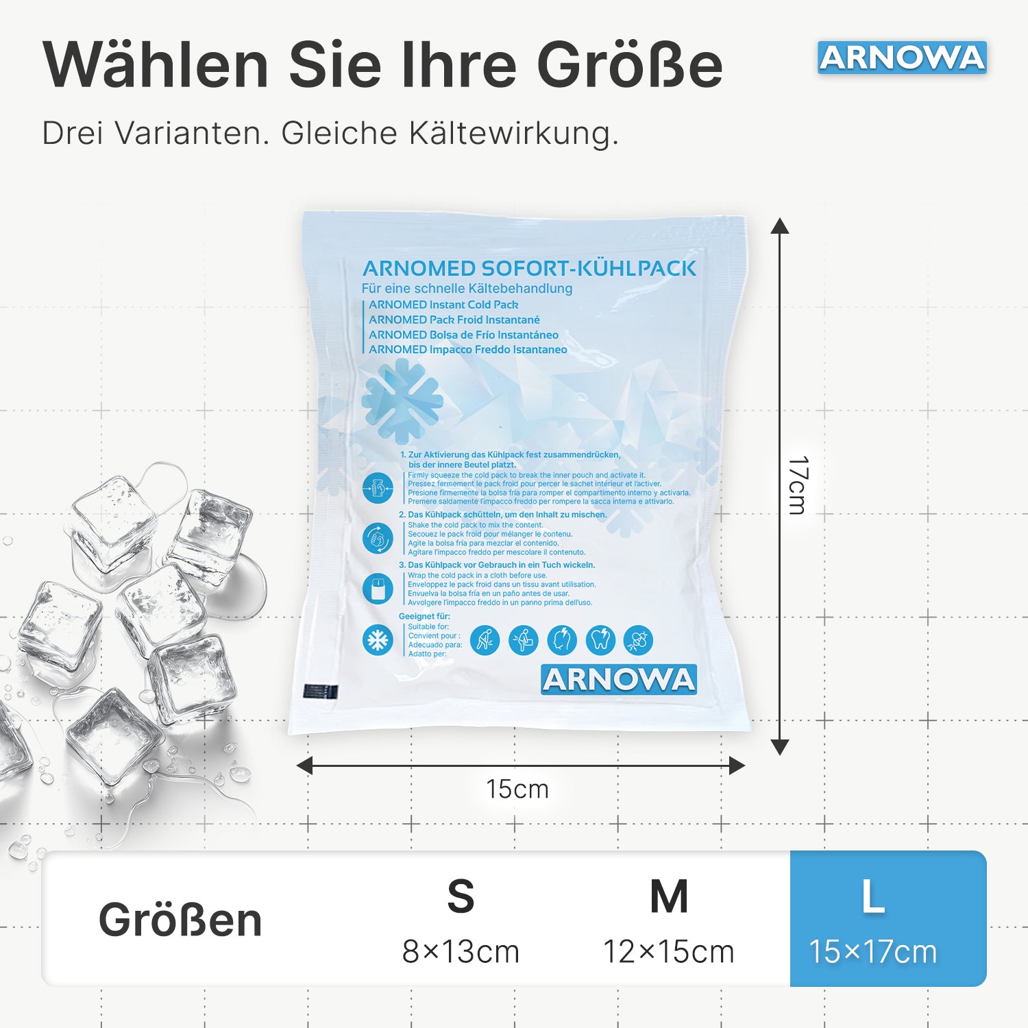 Eine blau-weiße ARNOMED SOFORTKÄLTEKOMPRESSE der ARNOWA GmbH (15x17 cm) ist auf weißem Hintergrund mit Eiswürfeln abgebildet, daneben eine Größentabelle, die Kältetherapiekompressen in S, M und L vergleicht.
