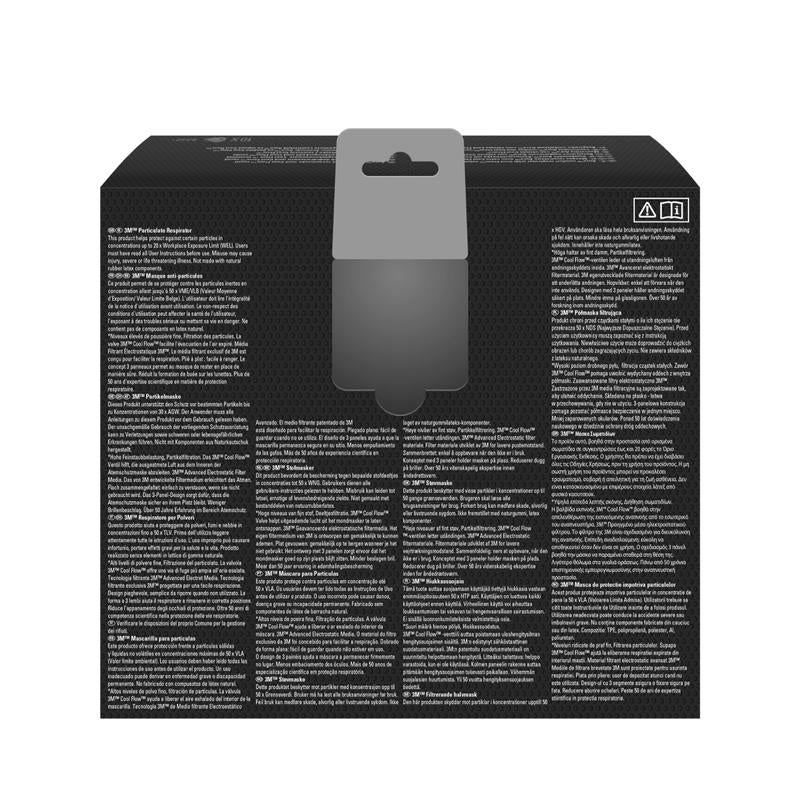 Obrázok zobrazuje zadnú stranu čiernej 3M™ Aura™ Comfort Cool Flow™ časticová maska 9332+ FFP3 od 3M Deutschland GmbH s hustým bielym viacjazyčným textom, sivým závesným uškom hore a dvoma malými symbolmi v pravom hornom rohu.