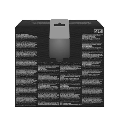 Obrázok zobrazuje zadnú stranu čiernej 3M™ Aura™ Comfort Cool Flow™ časticová maska 9332+ FFP3 od 3M Deutschland GmbH s hustým bielym viacjazyčným textom, sivým závesným uškom hore a dvoma malými symbolmi v pravom hornom rohu.