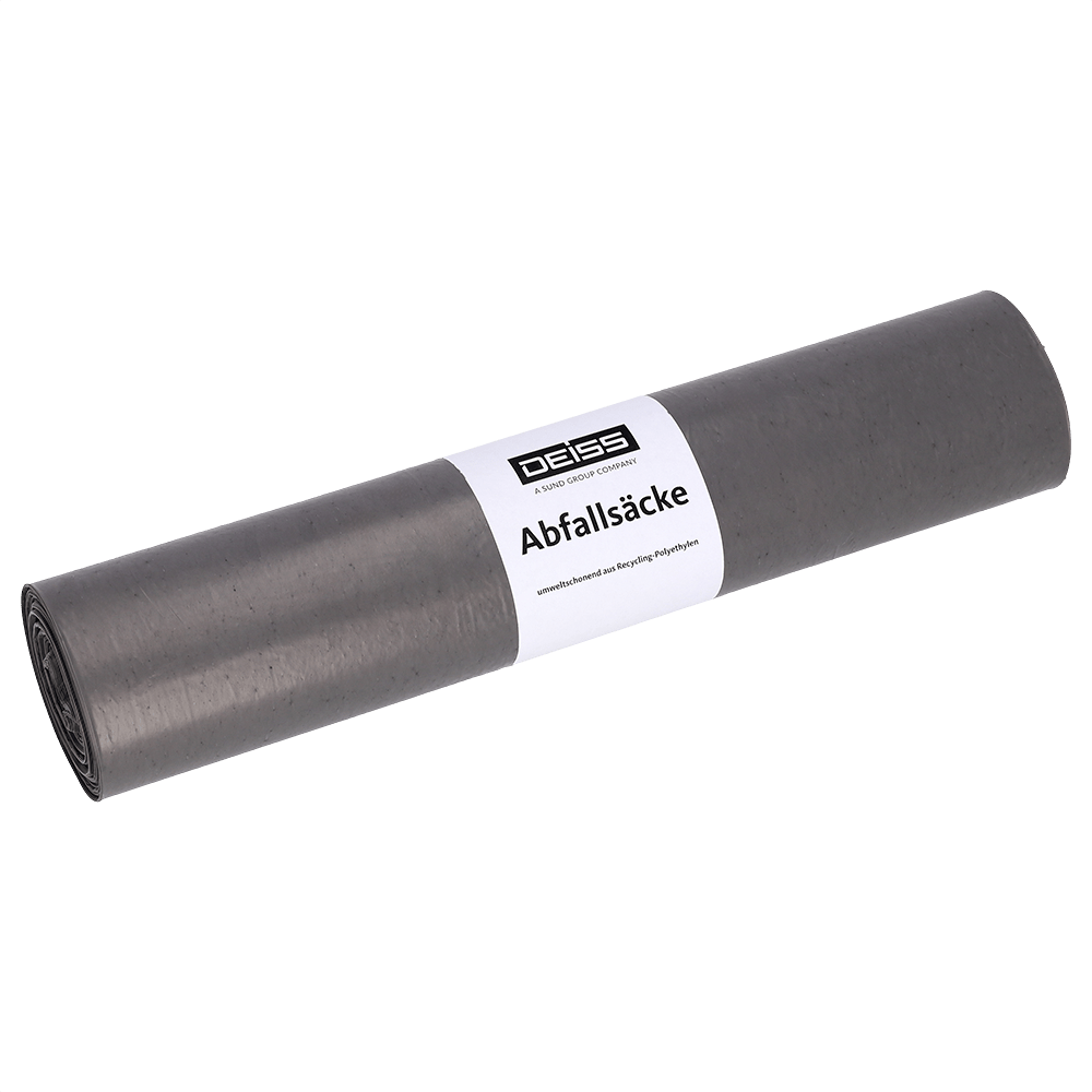 Abgebildet ist eine Rolle EMIL DEISS KG (GmbH + Co.) Abfallsäcke, DEISS 94020 - 550x650 mm Typ 60 grau | Rolle (25 Stück), mit weißem "Abfallsäcke"-Etikett, auf einfarbigem hellem Hintergrund.