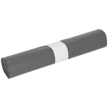 Eine Rolle DEISS 94028 Müllsäcke (600x800x0,05 mm, grau, 25 Stück) der EMIL DEISS KG ist mit einem weißen Papierband gesichert und vor einem schlichten hellen Hintergrund abgebildet.