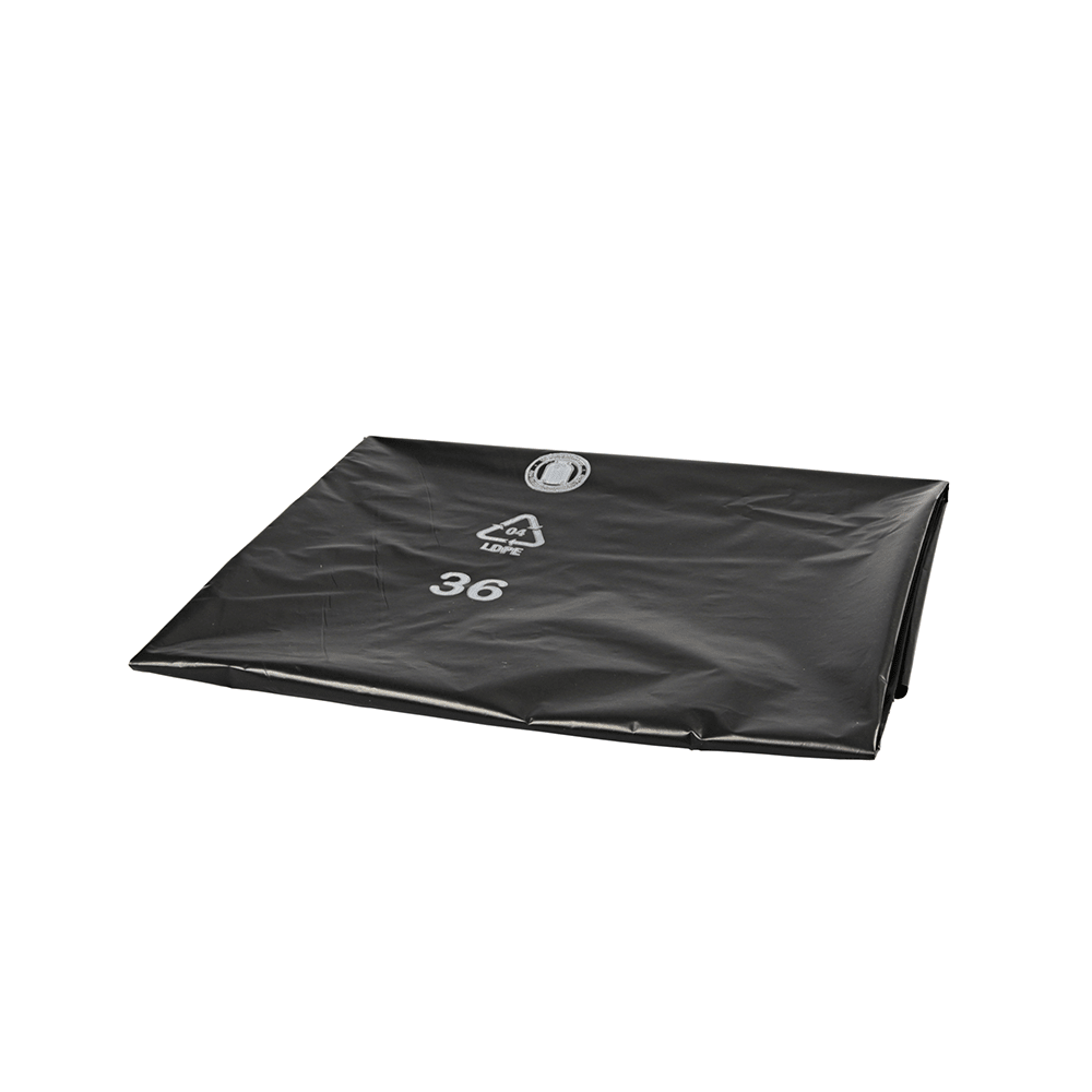 Čierny plastový odpadkový sáčok DEISS 95055 (900x1100mm, Typ 70, čierny) od EMIL DEISS KG s recyklačnými symbolmi a bielym "36" ponúka praktické balenie pre kartón alebo prepravnú krabicu.