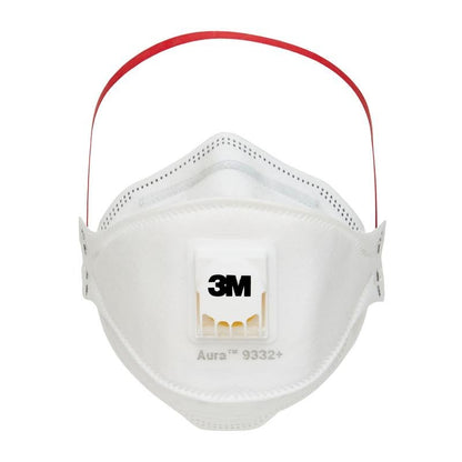 3M™ Aura™ Comfort Cool Flow™ časticová maska 9332+, FFP3, od 3M Deutschland GmbH je biela tvárová maska s červeným hlavovým pásom, integrovaným výdychovým ventilom a logom 3M na prednej strane.