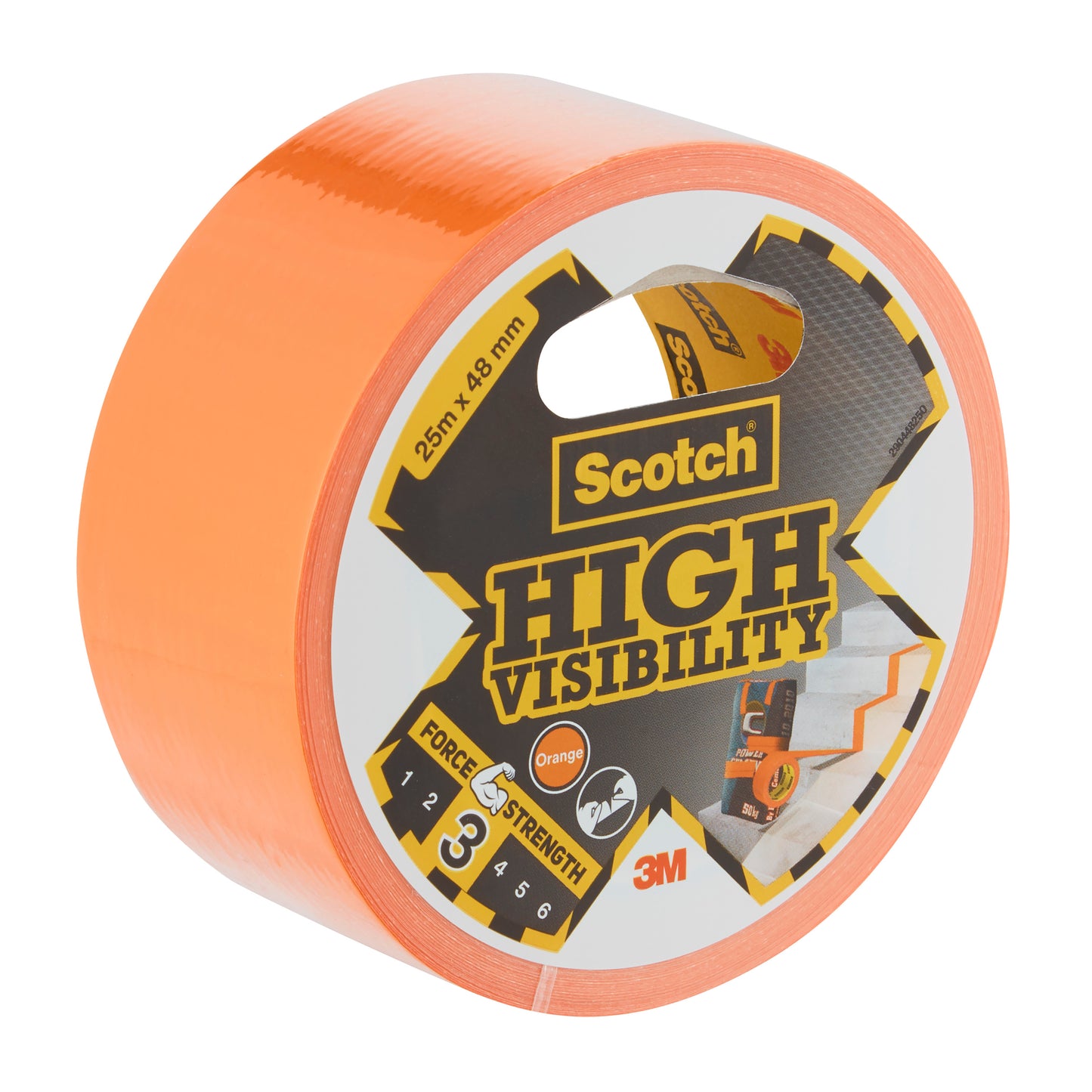 Eine Rolle Scotch® High Visibility Klebeband, orange, 25 m x 48 mm von 3M Deutschland GmbH; auf dem Etikett sind die Abmessungen und das 3M-Logo angegeben, im Hintergrund ist teilweise abgerolltes Band abgebildet. Die Packung enthält 6 Stück.