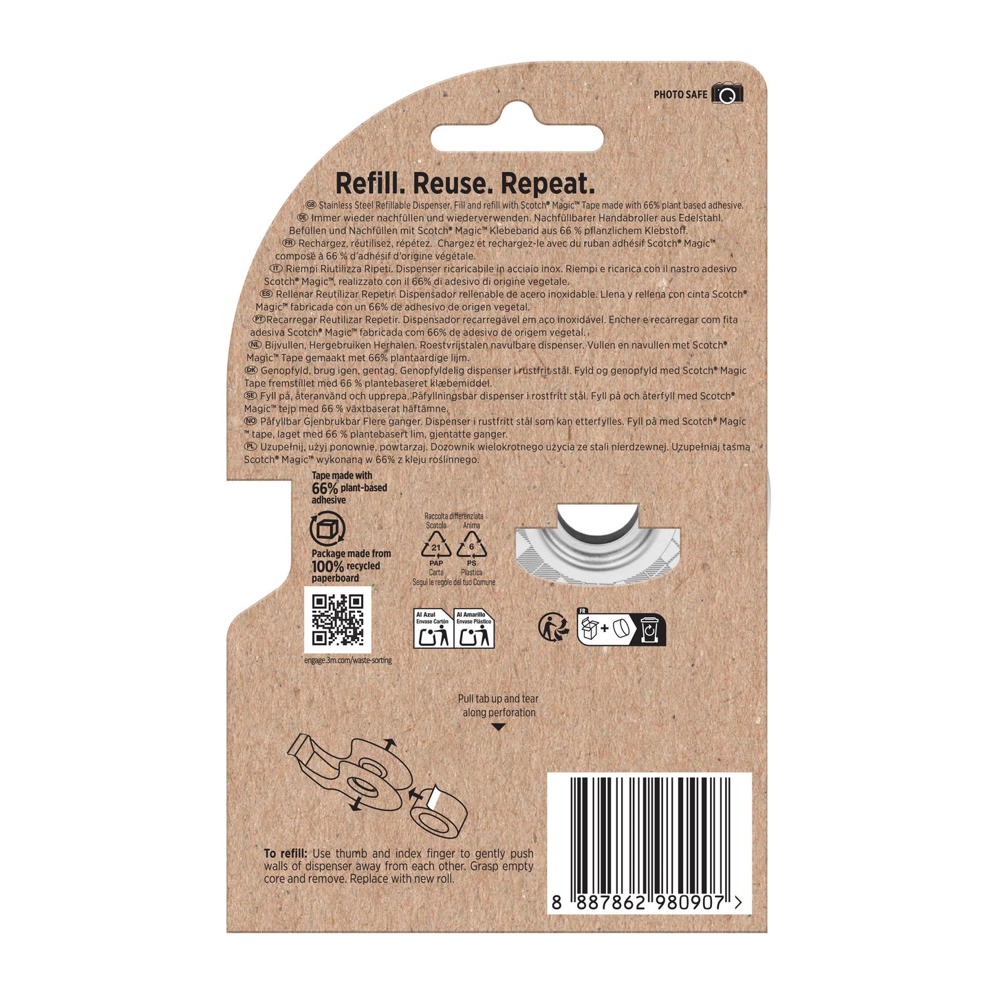 Die Rückseite der Verpackung zeigt Anleitungen, Recycling-Symbole, Barcode und Abbildungen zum Nachfüllen des Scotch™ Edelstahl-Klebebandabrollers, Silber + Scotch® Magic™ Klebeband (66% pflanzenbasierter Klebstoff) von 3M Deutschland GmbH.