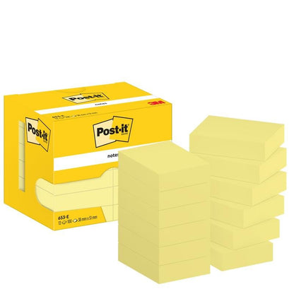Žltá škatuľka poznámok Post-it® Notes, žltá, 38 mm x 51 mm, 100 listov/blok, 12 blokov/balenie od 3M Deutschland GmbH je zobrazená vedľa desiatich stohov lepiacich poznámok žltej farby; oba nesú logo Post-it a nápis 3M.